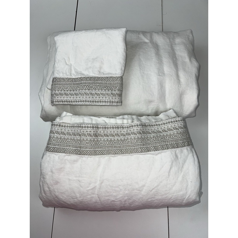 Restoration Hardware MILOU EMBROIDERED  LINEN Queen Sheet Set w/ 1 Standard Sham